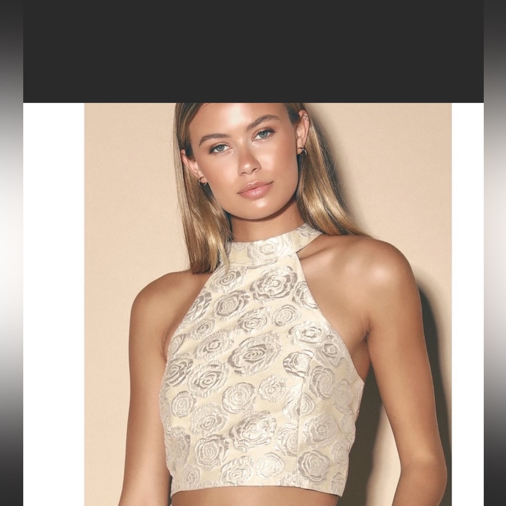 Lulu’s silver rose high neck crop top bed of roses jacquard floral print blouse